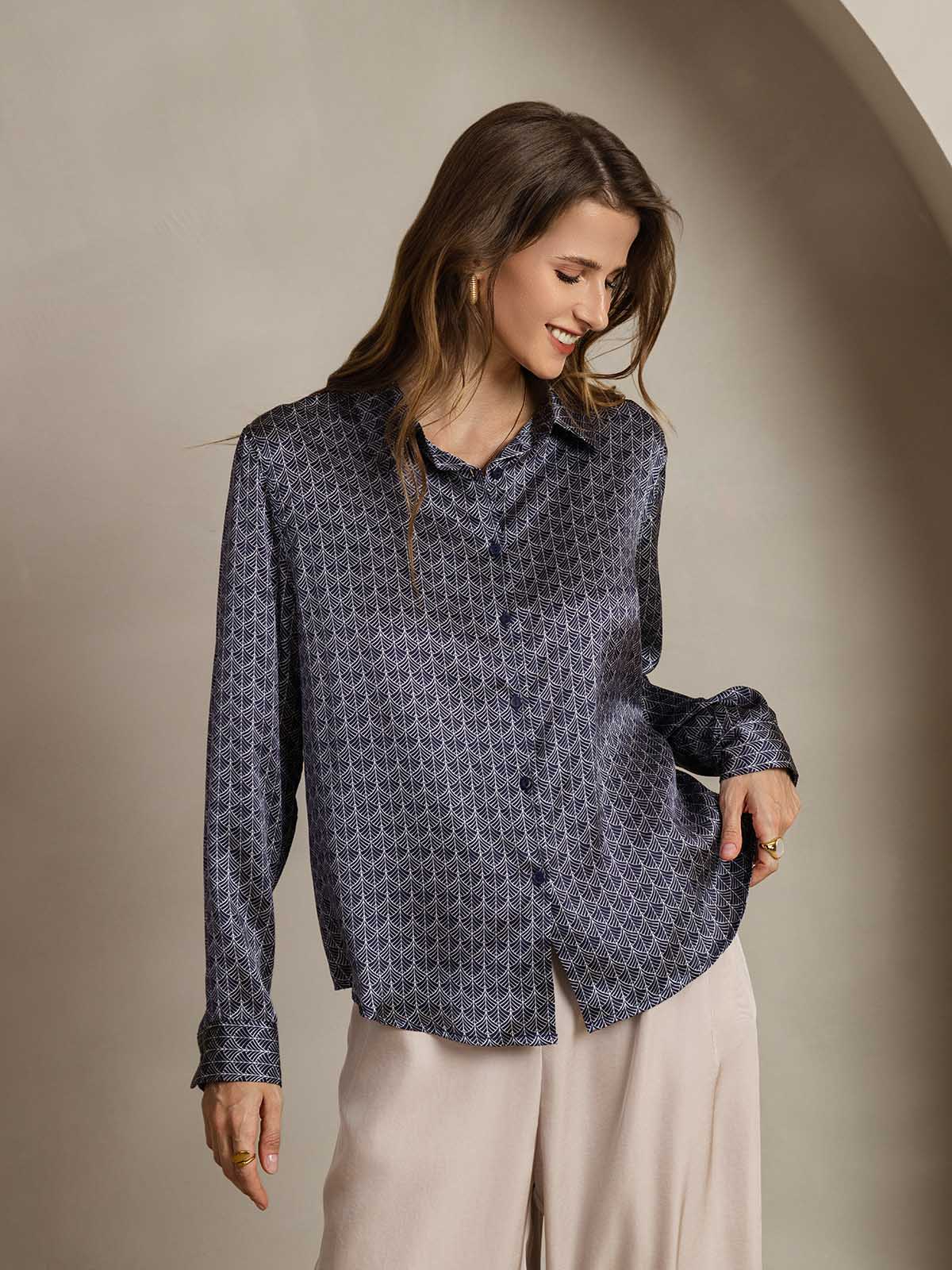 [Marine Ginkgo] SilkSilky-NO Silke Lapel Collar Skjorte for Kvinner 005