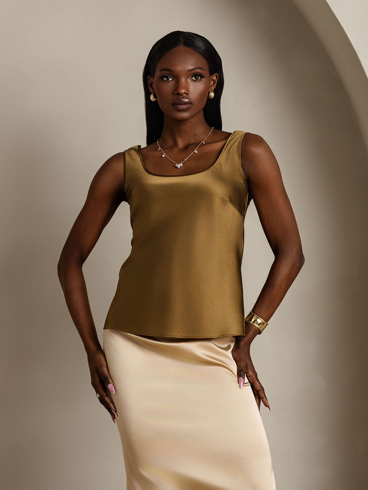 [Brun] SilkSilky-NO 19Momme Silke U-hals Camisole Topp 001