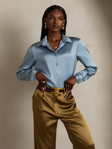[Gråblå] SilkSilky-NO Long Sleeve Lapel Collar Skjorte for Kvinner 003