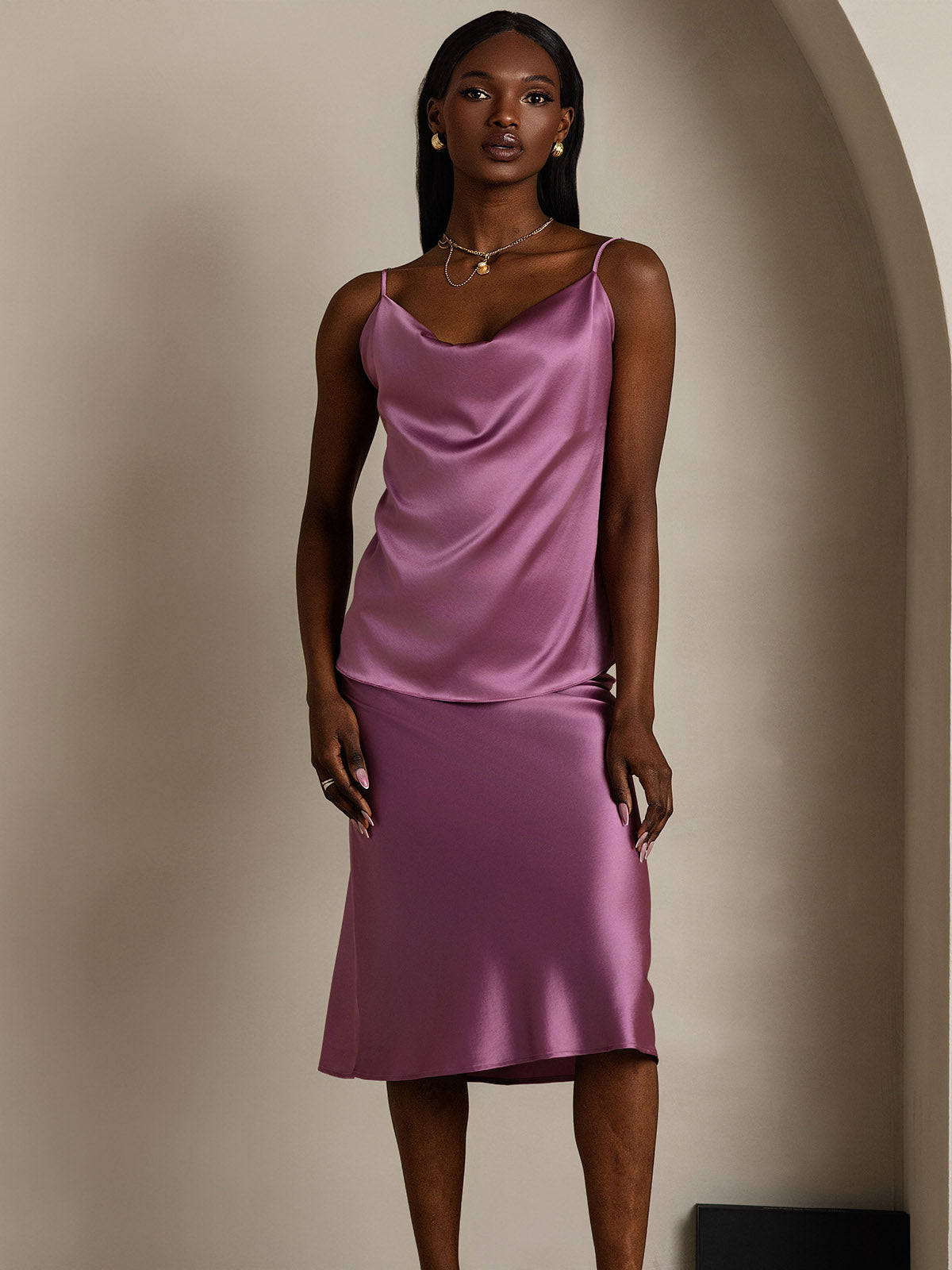 [Mørklilla] SilkSilky-NO 19Momme Silke Cowl Neck Camisole Topp 005