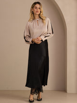 [Tan] SilkSilky-NO Long Sleeve Keyhole Neck Damebluser 007