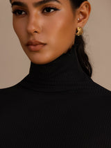 [Svart] SilkSilky-NO Long Sleeve Turtle Neck T-skjorte for Kvinner 006