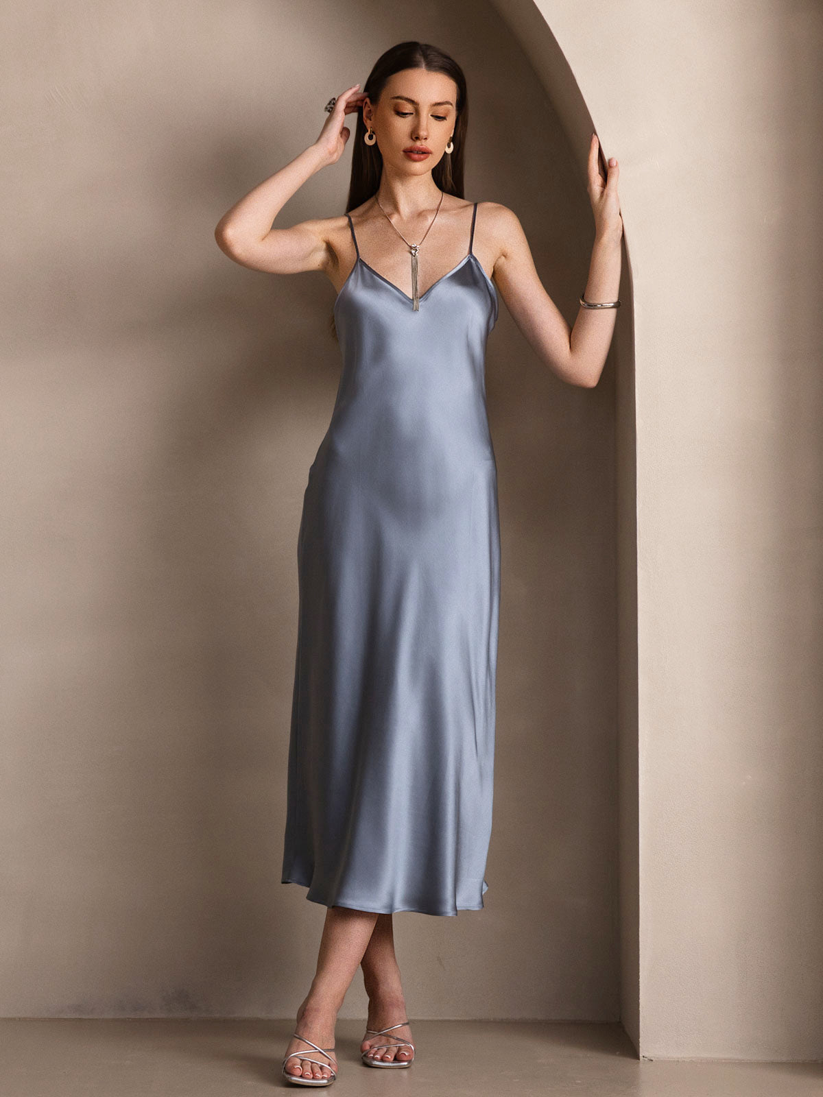 [Gråblå] SilkSilky-NO Pure Silk Sleeveless Round Neck Kjole 006