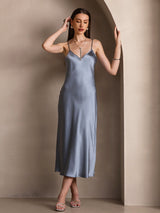 [Gråblå] SilkSilky-NO Spaghetti Strap V Neck Kjole 006