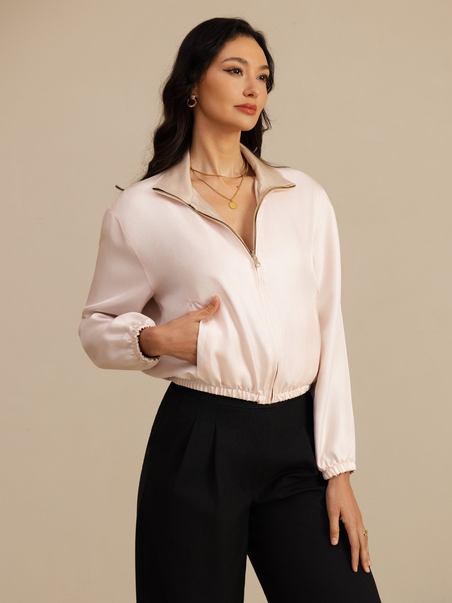 [Tan+Rosa] SilkSilky-NO 18Momme Langermet Ståkrave Yttertøy for Kvinner 005