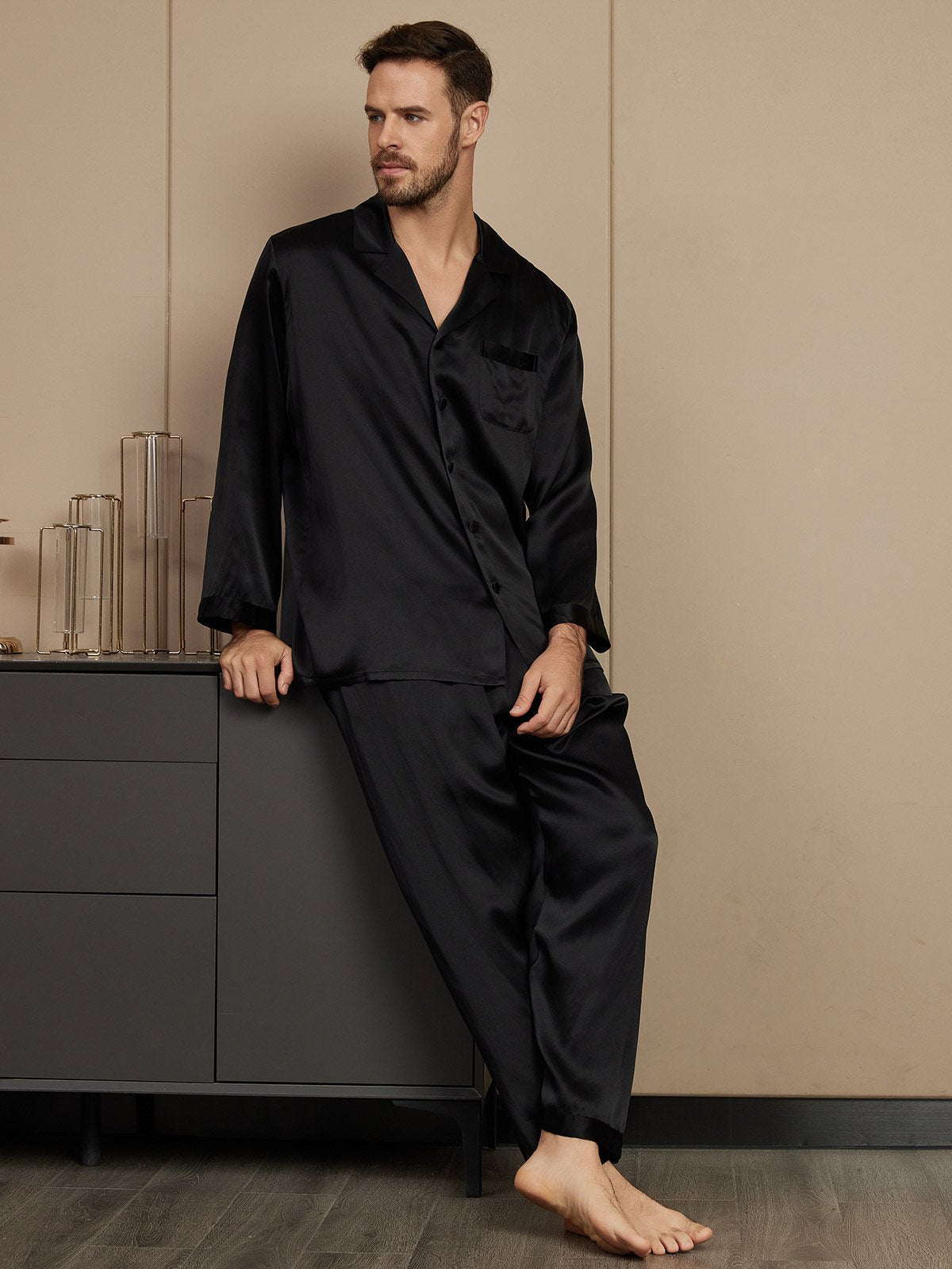 SilkSilky US Pure Silk Long Sleeve Mens Pajamas Black 004