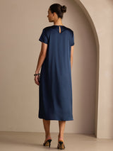 [Mørke blå] SilkSilky-NO Short Sleeve Round Neck Kjole 002