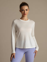 [Hvit] SilkSilky-NO Langermet Tett Crew Neck T-skjorte for Kvinner 004