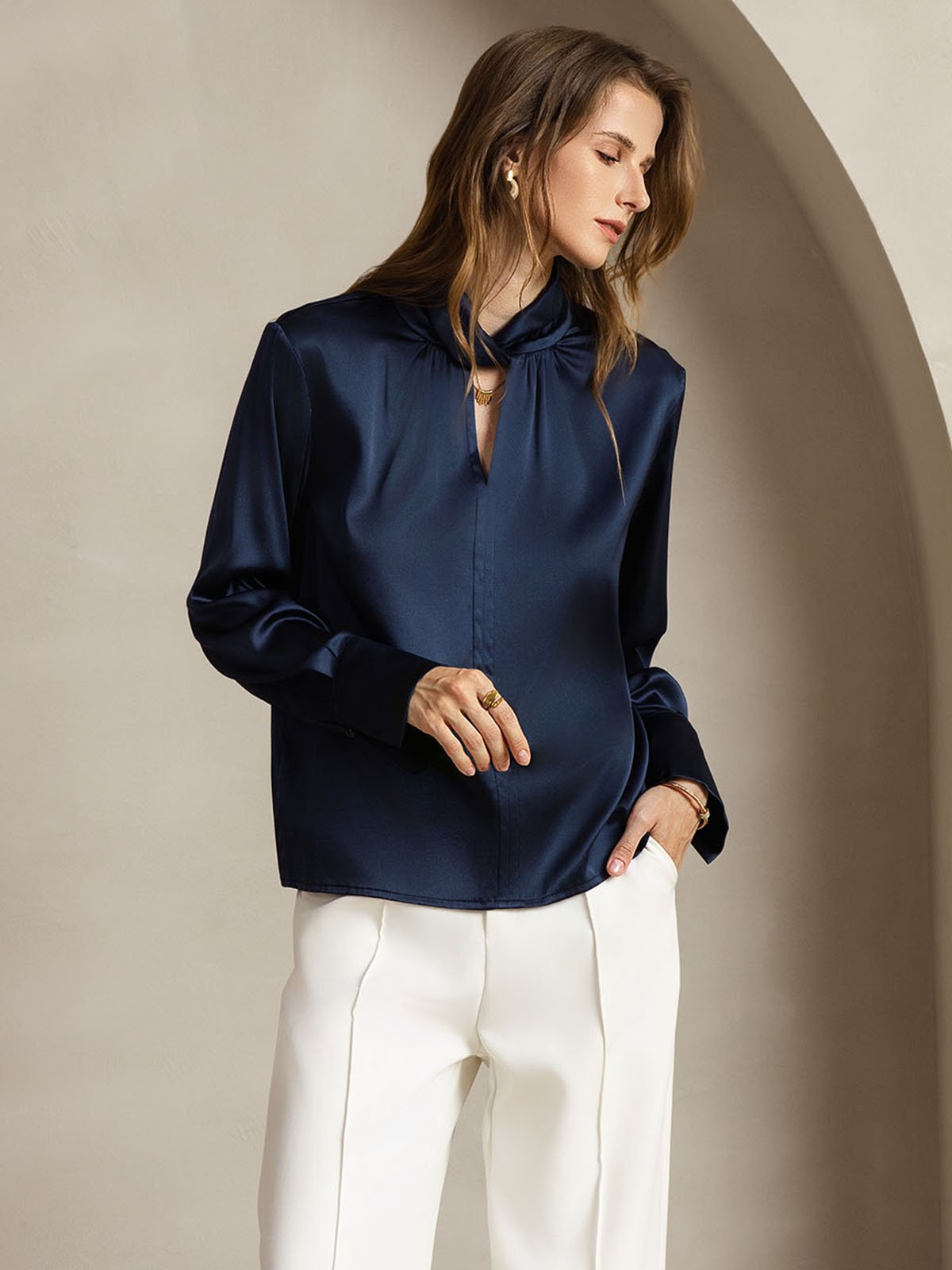 [Mørke blå] SilkSilky-NO 19Momme Silke Womens Shirt 006