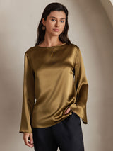 [Brun] SilkSilky-NO Long Sleeve Boat Neck Bluse 003