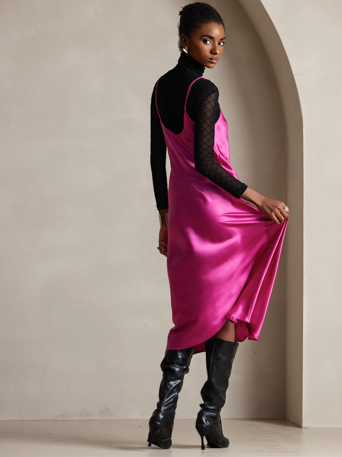 [Rosenrød] SilkSilky-NO Spaghetti Stropp V Hals Kjole 002