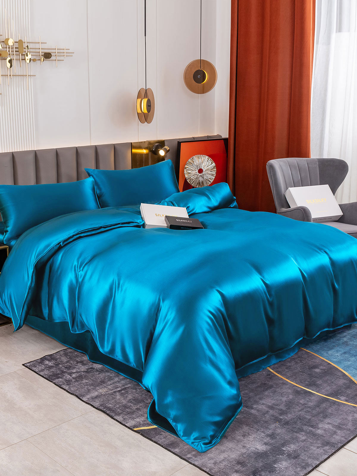 [Blågrønn] SilkSilky-NO 19Momme Bedding Set 004