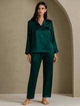 [Mørk Grønn] SilkSilky-NO Long Sleeve Lapel Collar Pyjamas for Kvinner 001