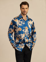 [Navy Drage] SilkSilky-NO Long Sleeve Lapel Collar Skjorte for Menn 003