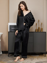 [Svart] SilkSilky-NO Long Sleeve Lapel Collar Pyjamas for Kvinner 004