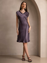 [Lilla Grå] SilkSilky-NO Cap Sleeve V Neck Nattkjole 006