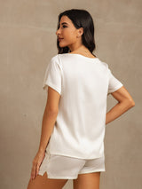 [Hvit] SilkSilky-NO 19Momme Kort erm Rund Hals Pyjamas for Kvinner 002