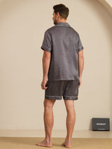 [Svart Ginkgo] SilkSilky-NO Short Sleeve Lapel Collar Pyjamas for menn 002