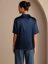 [Mørke blå] SilkSilky-NO Short Sleeve Lapel Collar Skjorte for Kvinner 002