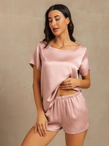 [Ferskenhud] SilkSilky-NO 19Momme Kort erm Rund Hals Pyjamas for Kvinner 005