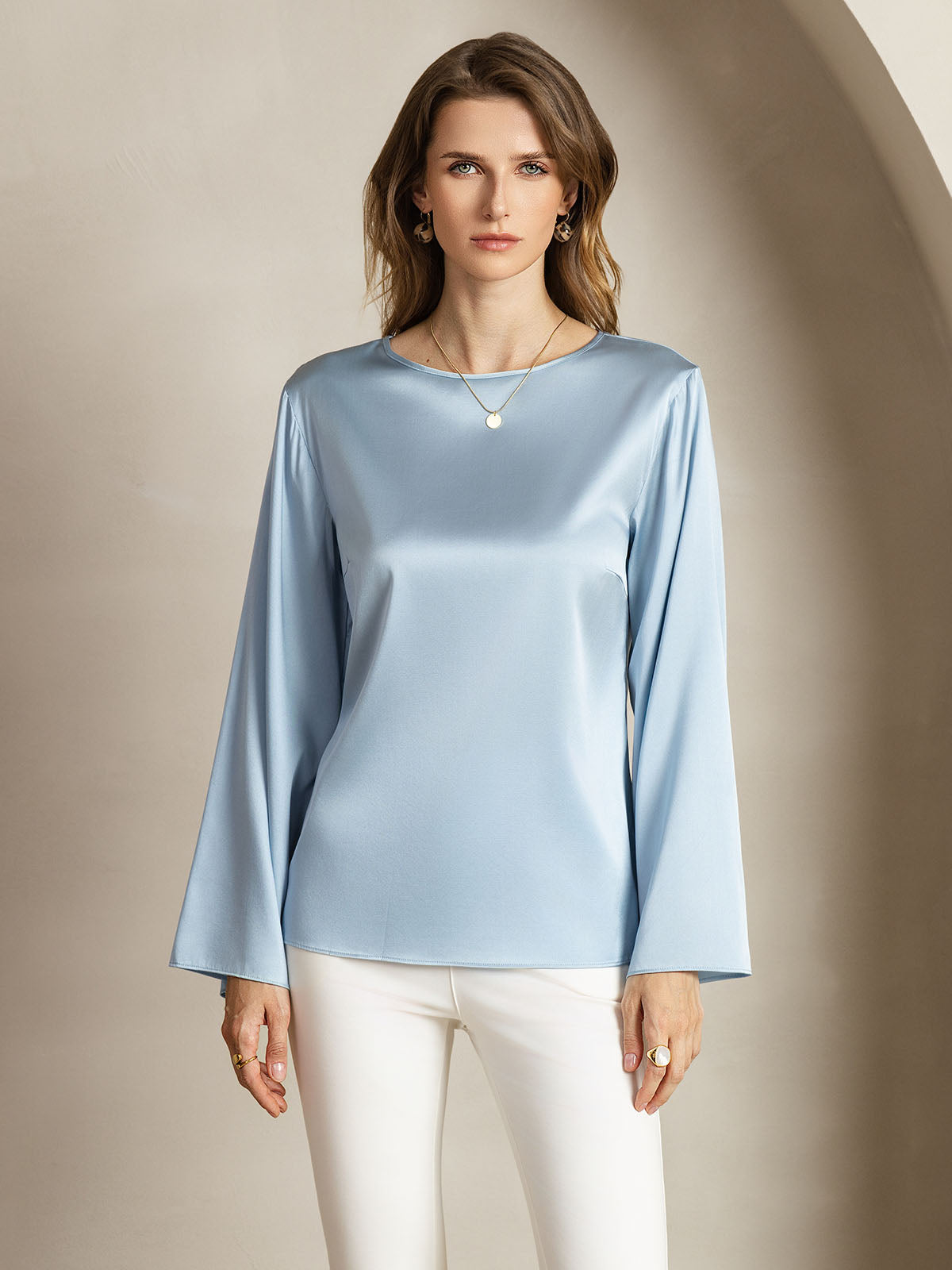 [Gråblå] SilkSilky-NO 19Momme Silke Womens T-Shirt 001