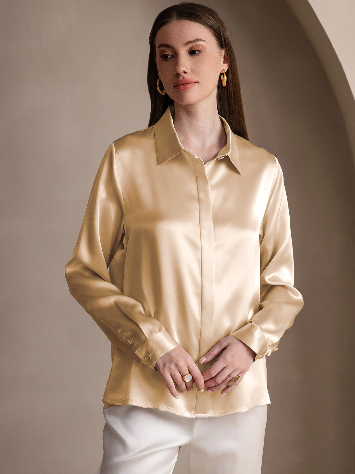[Champagne] SilkSilky-NO 19Momme Silke Lapel Collar Skjorte for Kvinner 001