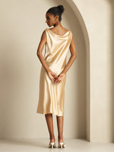 [Champagne] SilkSilky-NO Sleeveless Cowl Neck Kjole 002