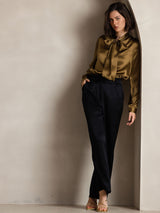 [Brun] SilkSilky-NO Long Sleeve Tie Neck Damebluser 008
