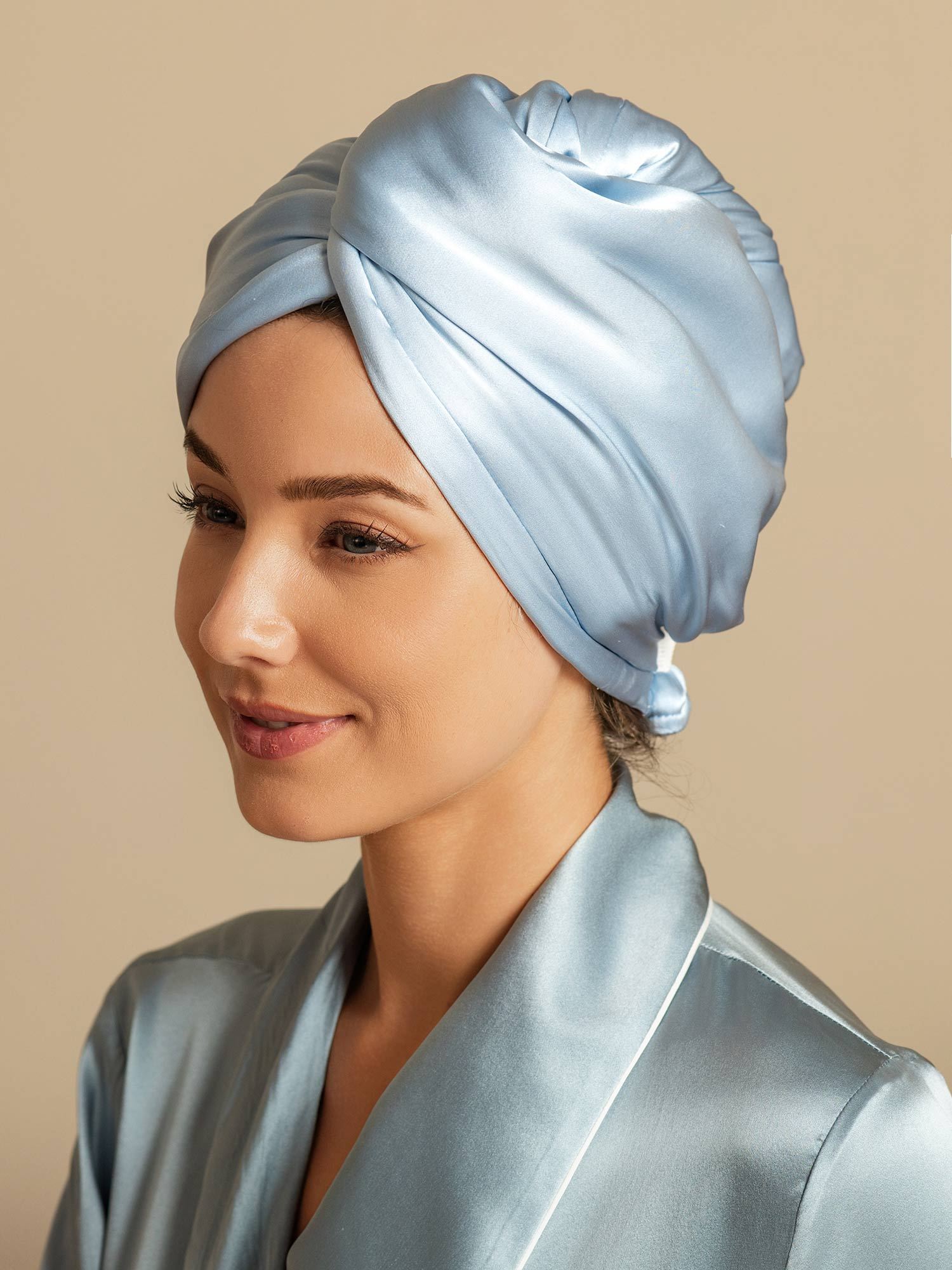 [Himmelblå] SilkSilky-NO Silke Hair Towel Wrap 005,