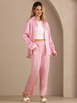 [Rosa Nålestripete] SilkSilky-NO Long Sleeve Lapel Collar Women's Outfit Sets 003