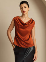 [Karamell] SilkSilky-NO Cap Sleeve Cowl Neck T-skjorte for Kvinner 001