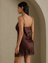 [Brun] SilkSilky-NO Spaghetti Strap V Neck Nattkjole 002