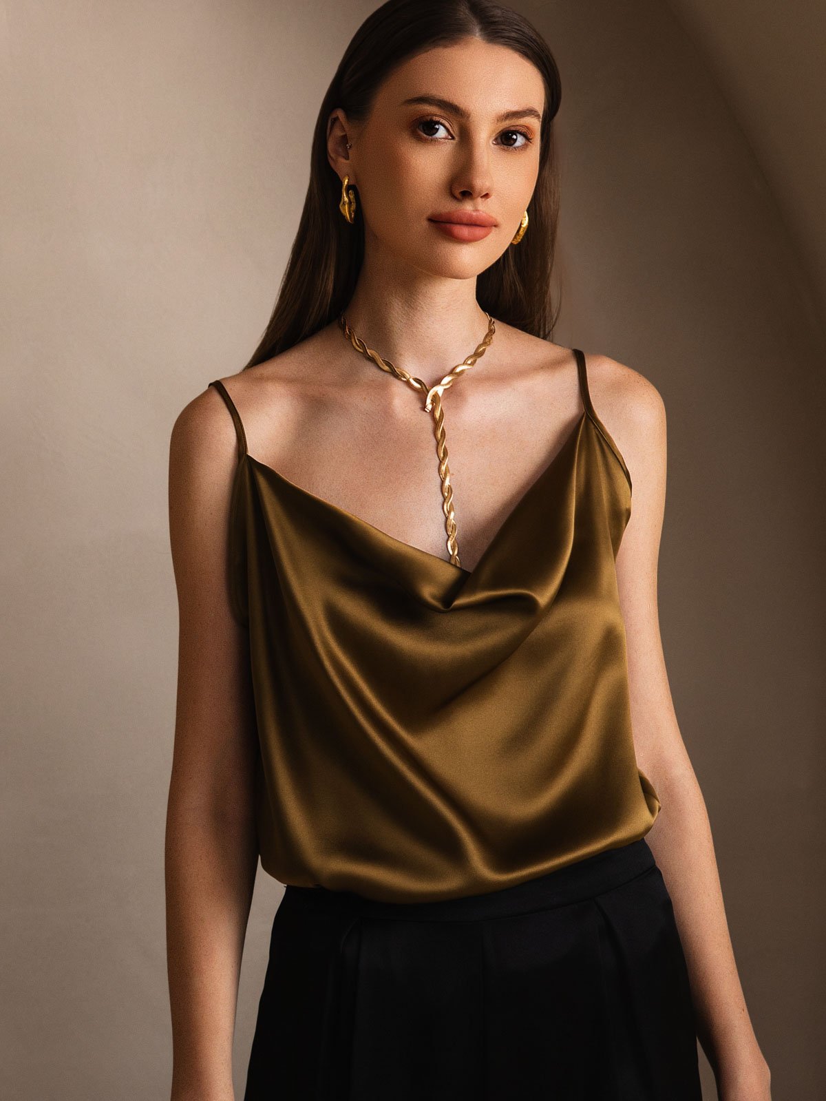 [Brun] SilkSilky-NO 19Momme Silke Cowl Neck Camisole Topp 003