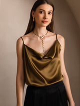 [Brun] SilkSilky-NO Spaghetti Strap Cowl Neck Camisole Topp 003
