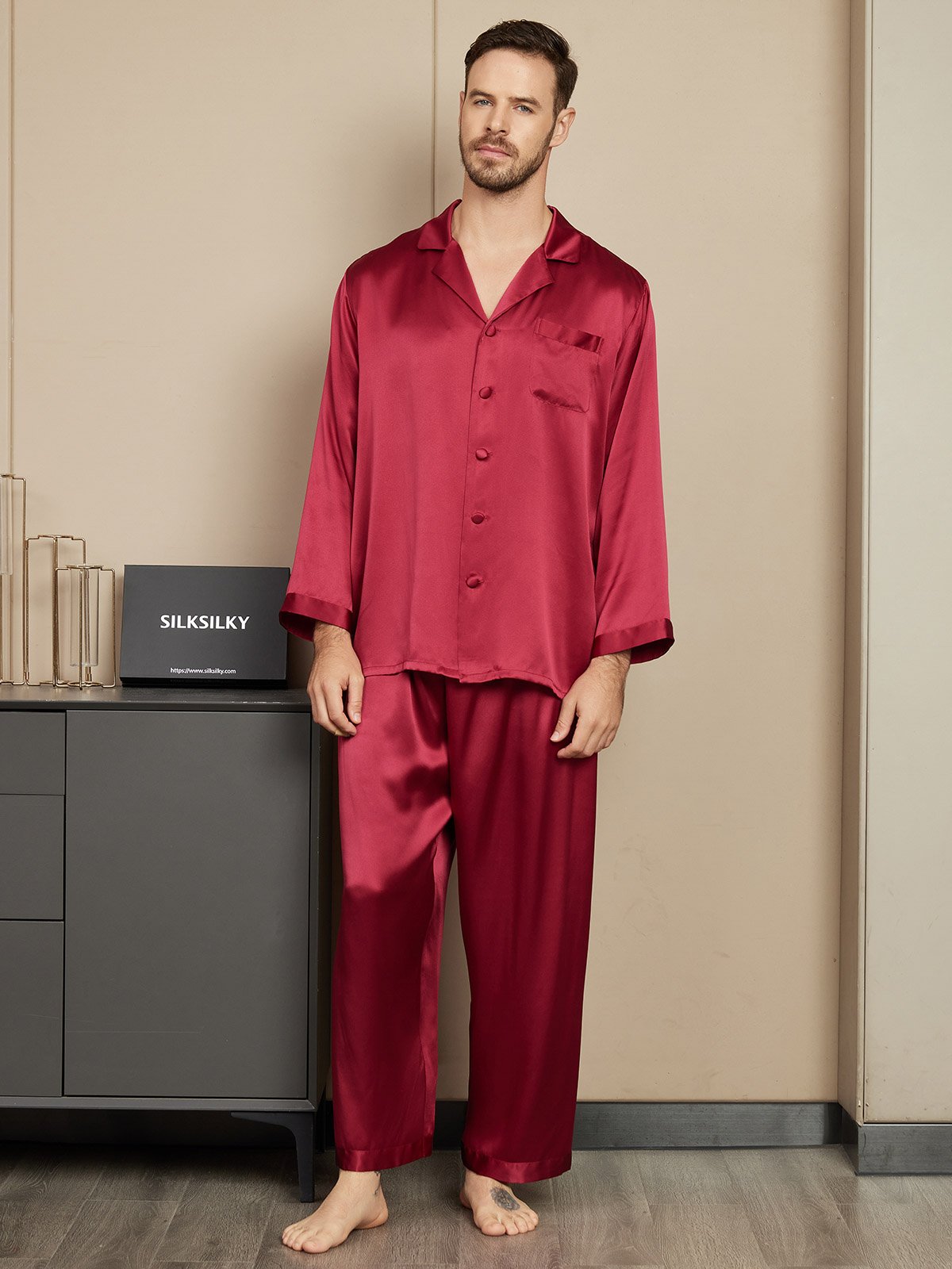 SilkSilky US Pure Silk Long Sleeve Mens Pajamas Wine 001