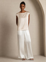 [Beige] SilkSilky-NO Cap Sleeve Round Neck T-skjorte for Kvinner 004