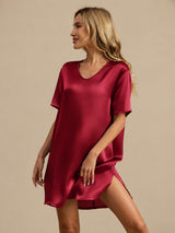 [Mørkerød] SilkSilky-NO Half Sleeve V Neck Nattkjole 005