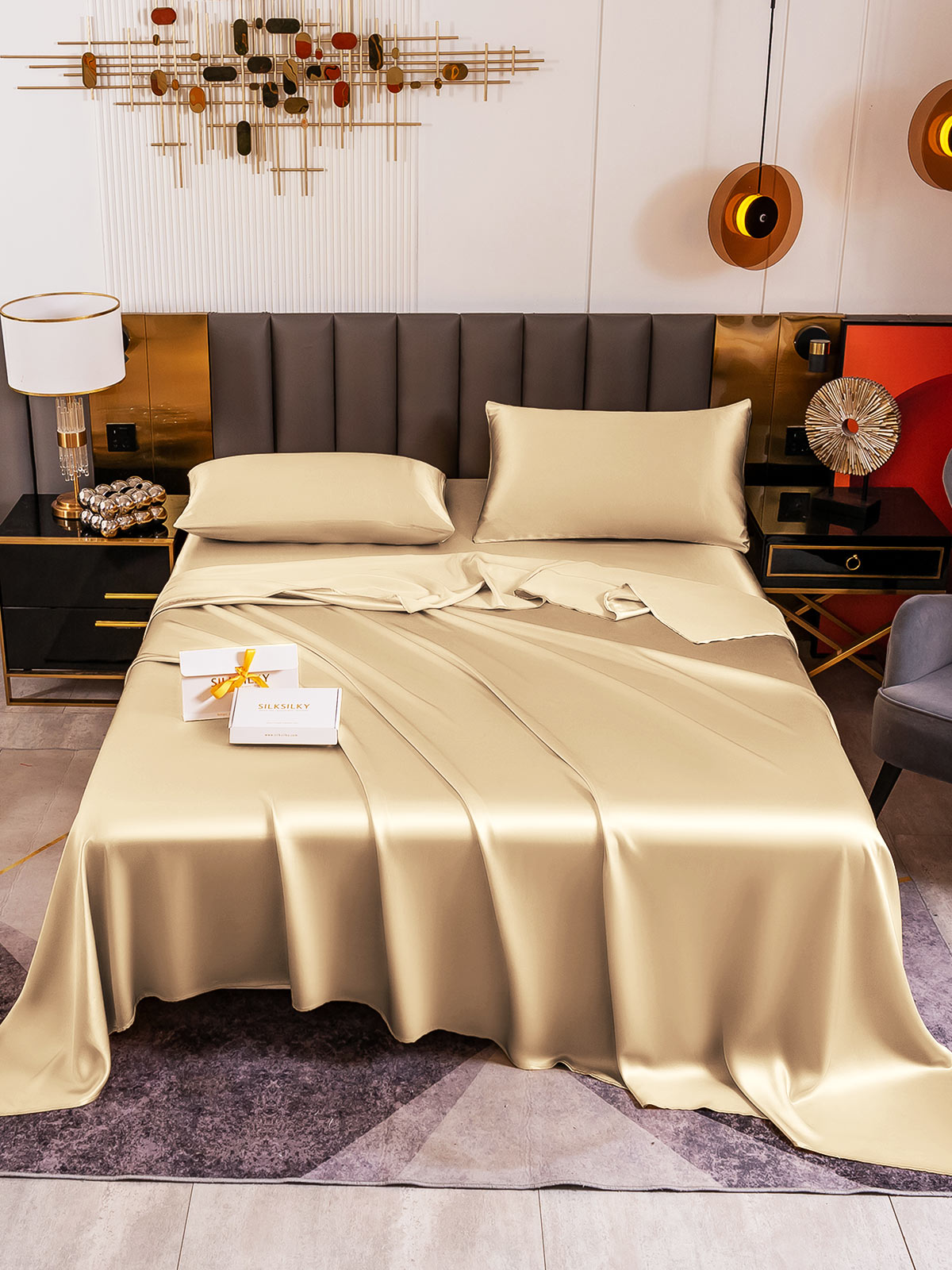 [Beige] SilkSilky-NO 19Momme Pure Silk Bedding Set 006