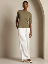 [Brent Oliven] SilkSilky-NO Halv erme Crew Neck T-skjorte for Kvinner 006