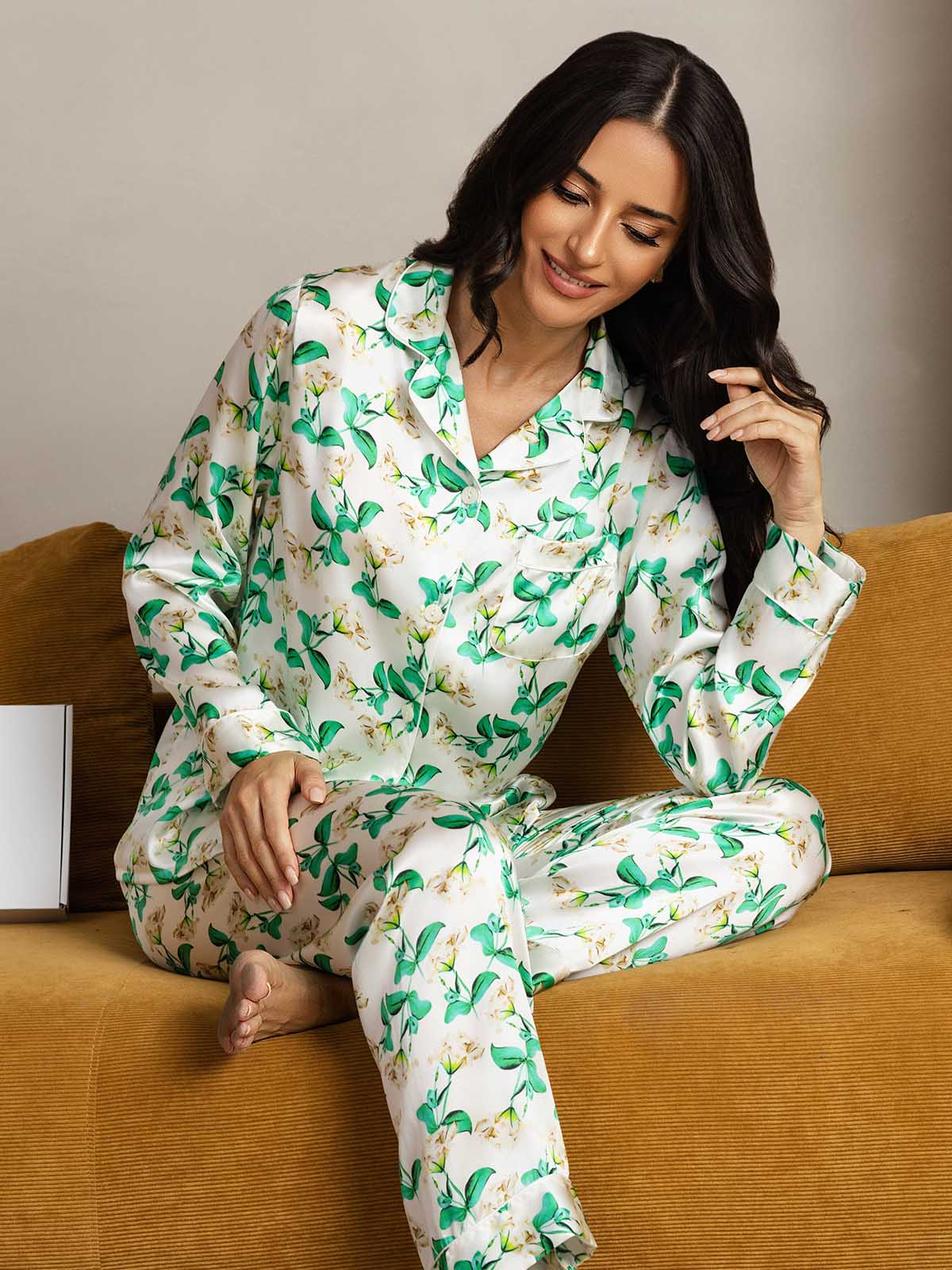 [Grønn Blomster] SilkSilky-NO Womens Pajamas 003