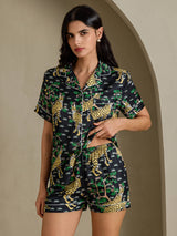 [Svart Serval] SilkSilky-NO Short Sleeve Notch Collar Pyjamas for Kvinner 004