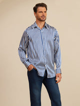 [Marine Stripe] SilkSilky-NO 19Momme Langermet Slagkrage Skjorte for Menn 004