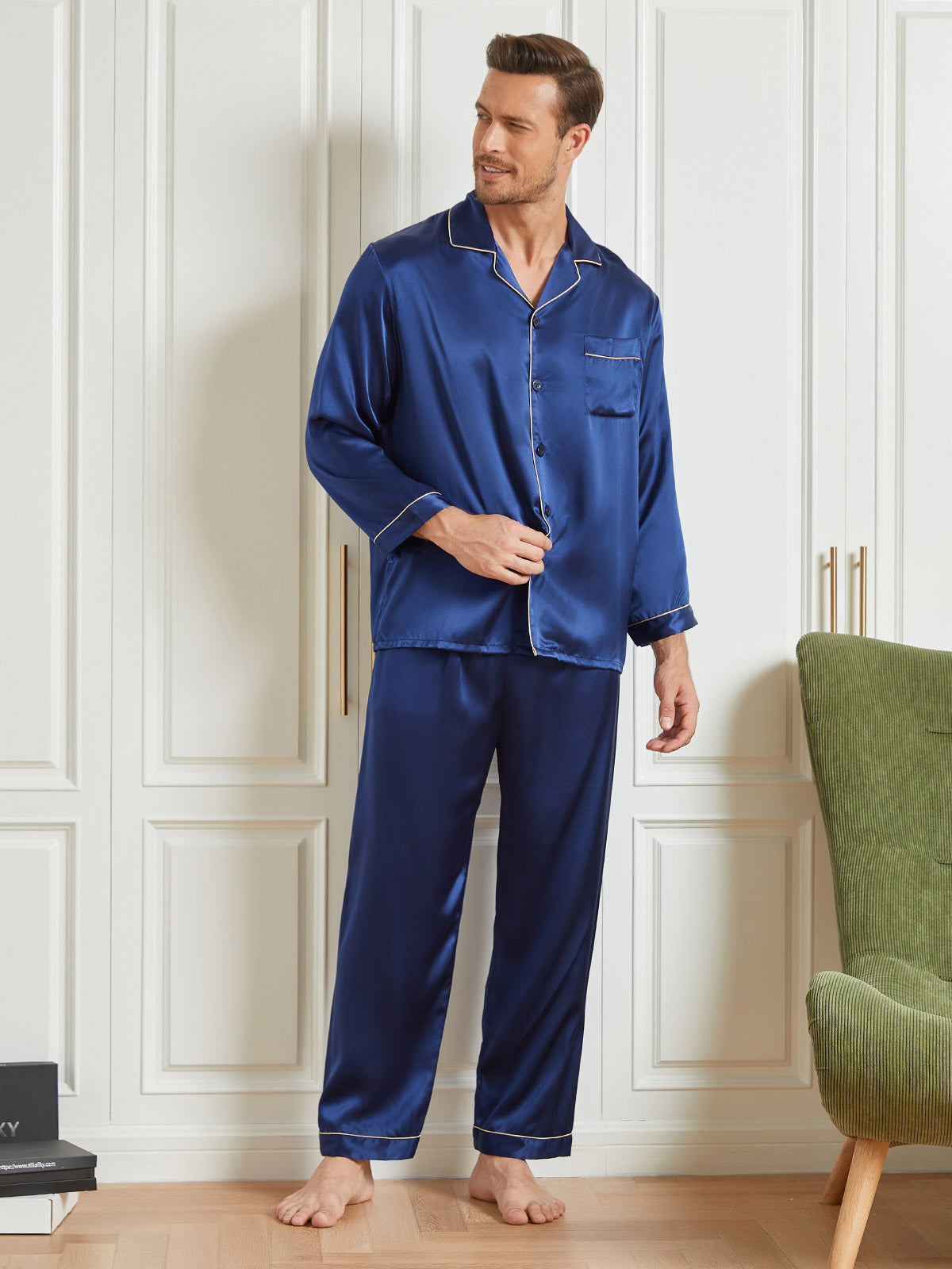 [Mørke blå] SilkSilky-NO 19Momme Mens Pajamas 003