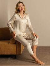 [Champagne] SilkSilky-NO Long Sleeve Lapel Collar Pyjamas for Kvinner 006