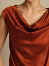 [Karamell] SilkSilky-NO Cap Sleeve Cowl Neck T-skjorte for Kvinner 003