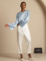 [Gråblå] SilkSilky-NO Long Sleeve Boat Neck Bluse 009