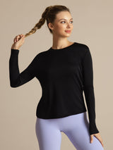 [Svart] SilkSilky-NO Langermet Tett Crew Neck T-skjorte for Kvinner 003