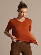[Oransje] SilkSilky-NO Kort erm V Hals T-skjorte for Kvinner 003