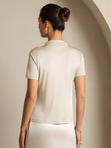 [Grå] SilkSilky-NO 100% Silk Jersey Short Sleeve Falsk Krage T-skjorte for Kvinner 002