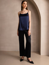 [Mørke blå] SilkSilky-NO 19Momme Spaghetti Stropp Dyp Rund Halsutringning Camisole Topp 006